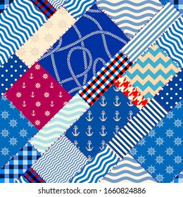 Seamless pattern. Patchwork pattern in marine style. Vector illustration.