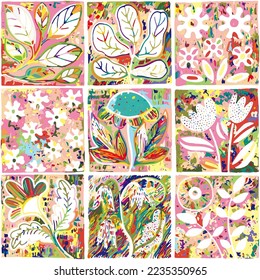 Seamless pattern in patchwork style. Colorful spring abstract ornament. Vector illustration.