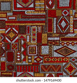 Seamless pattern in patchwork style. Embroidered print for carpet, textile, wallpaper, wrapping paper. Ethnic and tribal motifs. Handwork. Vector illustration.