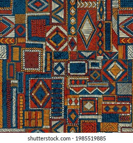Seamless pattern in patchwork style. Embroidered print for carpet, textile, wallpaper, wrapping paper. Ethnic and tribal motifs. Handwork. Vector illustration.