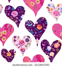 Seamless pattern in patchwork style with hearts with flowers