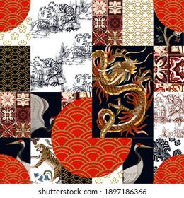 Seamless pattern in patchwork style with Japanese patterns. Vector.