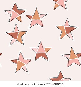 Seamless pattern of patchwork style stars and black line outline. Pink tone.