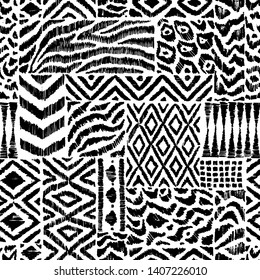 Seamless pattern in patchwork style. Zebra, leopard fur, ethnic and tribal motifs. Black and white patchwork print. Handwork. Grunge texture. Vector illustration.