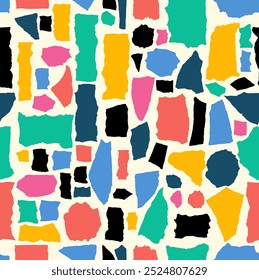 Seamless pattern, patchwork tiles. Colorful and black vector collage shape of ripped papers silhouettes. Seamless pattern torn Paper Frames. Vector old vintage paper backgrounds.