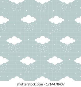 Seamless pattern of Patel's sky and white cloud with raindrop and Square grid as wallpaper Modern design Use for publication, Gift wrap, clothing, textile, vector illustration