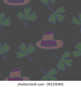 Seamless pattern of patrick's day,  ireland,doodles,leaves,clover,spring,symbol,irish,shamrock, hats . Hand drawn.