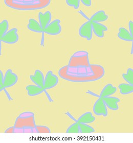 Seamless pattern of patrick's day,  ireland,doodles,leaves,clover,spring,symbol,irish,shamrock, hats . Hand drawn.