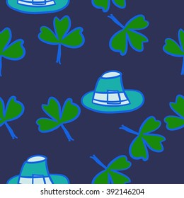 Seamless pattern of patrick's day, ireland,doodles,leaves,clover,spring,symbol,shamrock, hats . Hand drawn.