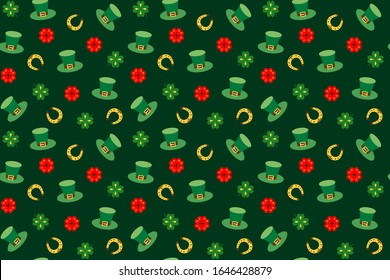 Seamless pattern for Patrick's day with stylish print. Hat, clover leaves, horseshoe for luck. Colored elements isolated on green background.For holiday design, collages, print greeting cards and more