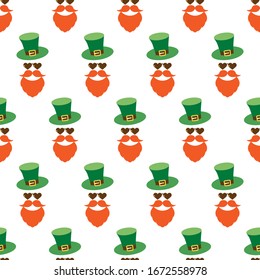 Seamless pattern for Patrick's day with stylish print. Hat, beard, mustache for luck. Colored isolated elements on white background. Backdrop for holiday design, greeting, card, textile, print etc.