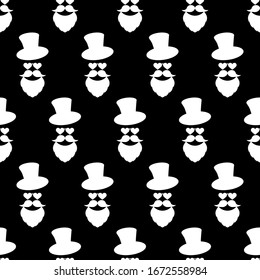 Seamless pattern for Patrick's day with stylish print. Hat, beard, mustache for luck. White isolated elements on black background. Backdrop for holiday design, greeting, print, textile, packing etc.