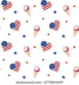 Seamless pattern with patriotic American flag hearts, ice cream cones and stars for USA Independence Day celebration