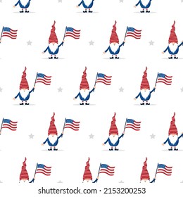 Seamless pattern with patriotic american gnomes. Independence day in the United States. National freedom day. Vector illustration in cartoon style. Perfect for fabric, package paper, wallpaper, cards.