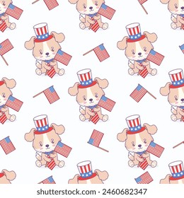 Seamless pattern with patriotic cartoon dog wearing symbolic hat, tie and American flag on white background. Vector illustration for design national traditional holidays and Independence Day