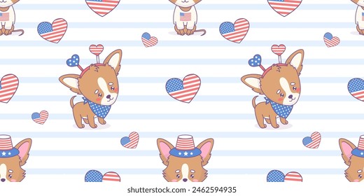 Nahtloses Muster mit patriotischem Zeichentrickhund chihuahua in symbolischen Accessoires und Kleidung in Farben Amerikanische Flagge auf gestreiftem Hintergrund. Vektorgrafik Horizontale Illustration für Feiertag Unabhängigkeitstag