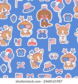 Seamless pattern with patriotic cartoon dog in accessories and clothing in colors American flag on blue background. Vector illustration for holiday Independence Day. Kids collection.