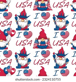 Nahtlose Muster mit patriotischen charmanten Gnomen und der Inschrift, die ich liebe USA. 4. Juli-Unabhängigkeitstag, Cartoon-Hintergrund