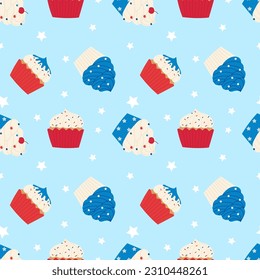 Nahtloses Muster mit patriotischem Kuchen. Für Feierlichkeiten zum Unabhängigkeitstag, Partydekoration, Oberflächentexturen.