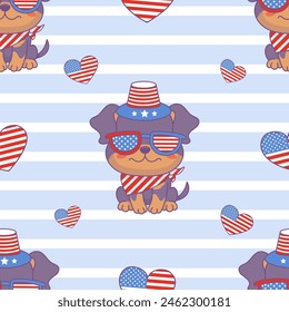 Seamless pattern with patriotic dog Rottweiler in party glasses, hat and neckerchief in colors of American flag on blue and white striped background. Vector illustration. Holiday Independence Day