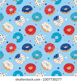 Patrón sin foco con donuts patrióticos. Para la celebración del día de la independencia, decoración de fiesta, texturas superficiales.