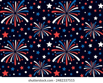 Seamless pattern with Patriotic fireworks in the dark sky. Vector colorful background for Independence Day USA		