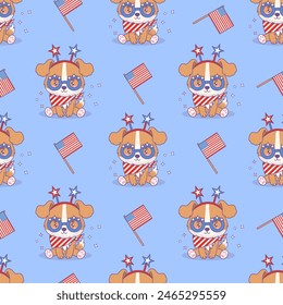 Seamless pattern with patriotic funny cartoon puppy wearing clothes and accessories in colors of American flag on blue background. Vector illustration for design national holidays and Independence Day