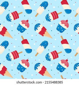 Seamless pattern with patriotic ice cream. For independence day celebration, party decoration, surface textures.