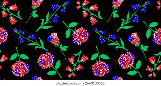 seamless pattern with patriotic roses flowers and bells in usa flag design on black background for independence day