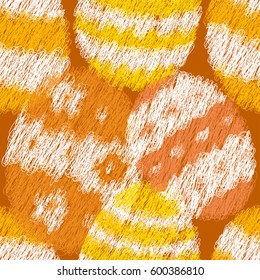 Seamless pattern of patterned  Easter eggs in orange, yellow and white colors on a dark red background. Vector eps10. Hatching from curved lines.