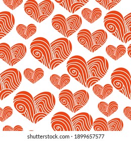 Seamless pattern with patterned hearts of different sizes, large and small hearts on a white background for Valentine's Day illustration