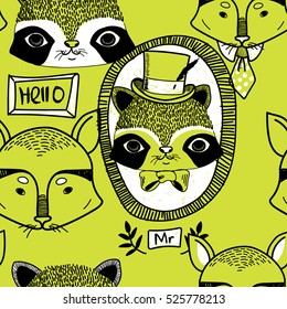 Seamless pattern with patterns and foxes. Animals in plyapah and ties. Children's drawing.