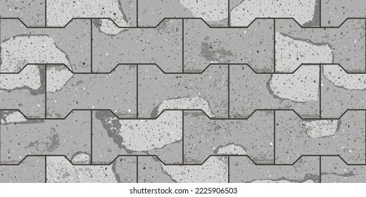 Seamless pattern of pavement with dumble interlocking textured cracked old bricks. Vector pathway texture top view. Outdoor concrete slab sidewalk. Cobblestone footpath or patio. Block floor