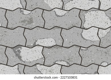 Seamless pattern of pavement with figured interlocking textured cracked old bricks. Vector pathway texture top view. Outdoor concrete slab sidewalk. Cobblestone footpath or patio. Block floor