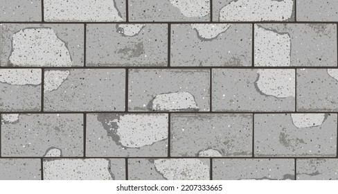 Seamless pattern of pavement with interlocking textured cracked old bricks. Vector pathway texture top view. Outdoor concrete slab sidewalk. Cobblestone footpath or patio. Concrete block floor