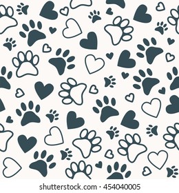 Seamless pattern with paw and heart prints. Animal footprint background. Vector illustration