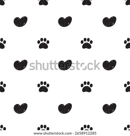 Seamless pattern. Paw and heart. Silhouettes. Hand drawn illustration. Vector design on white background.
