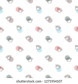 Seamless Pattern of Paw and Pastel Dot Design on White Background