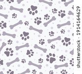 Seamless pattern paw print and bone. pastel background. Vector Illustration