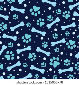 Seamless pattern paw print and bone. blue background. Vector Illustration