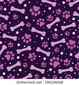 Seamless pattern paw print and bone. Purple Pink background. Vector Illustration