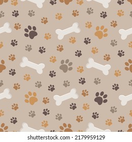 Seamless pattern with paw print and bones on brown background. Animal print. Vector illustration 