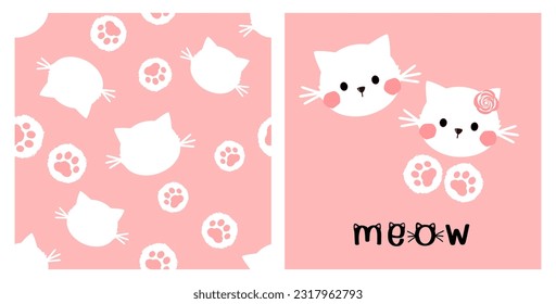 Seamless pattern with paw print and cat cartoons on pink background. Cat kitten face and hand written fonts vector illustration.