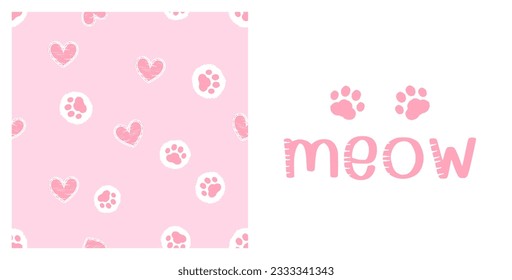 Seamless pattern with paw print and cute heart on pink background. Hand drawn fonts and pink paw print icon sign isolated on white background vector illustration.