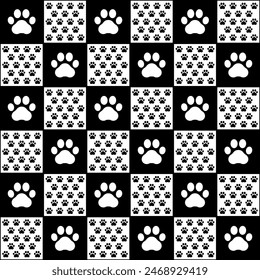 Seamless pattern paw print of a dog or cat. Black and white pet paws. Animal prints. Cute plaid. Repeating puppy footprints background. Canine footprint design. Repeated backdrop. Vector illustration