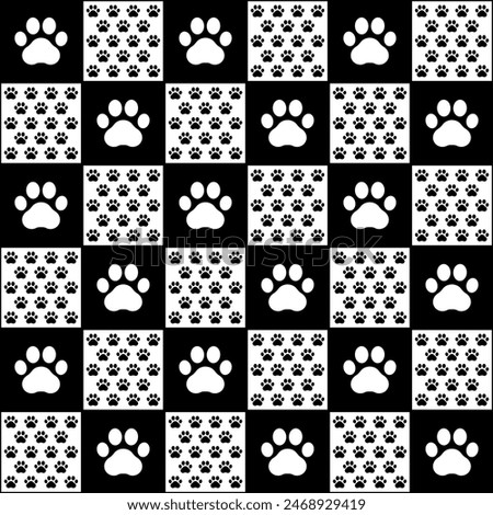 Seamless pattern paw print of a dog or cat. Black and white pet paws. Animal prints. Cute plaid. Repeating puppy footprints background. Canine footprint design. Repeated backdrop. Vector illustration