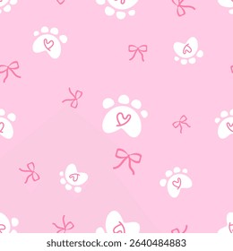 Seamless pattern with paw print, hand drawn hearts and ribbon bows on pink background vector.