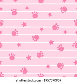 Seamless pattern with paw print on stripe pink background vector illustration.