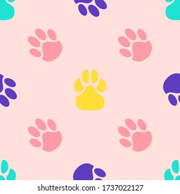 Seamless pattern of paw print. Trace of cat foot. Flat style. Vector illustration. For fabric textile, print for clothes, bag. Funny banner. Pink, violet, green, yellow color.