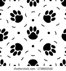 Seamless pattern of paw print. Trace of cat foot. Flat style. Vector illustration. For fabric textile, print for clothes, bag. Funny banner. Monochrome.